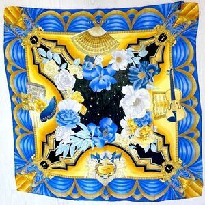Vintage Leonard Paris blue gold floral fan 34.5” square silk chiffon scarf
